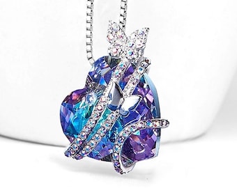 KN31 - Butterfly Design Pendant with Crystal Heart - Blue and Purple - with 18" Chain Necklace.