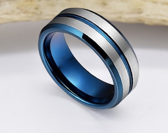 GB45 - Unisex or Men's Tungsten Carbide Wedding Ring Band. Gray with Blue Groove Line. Matte Finish and Beveled Edges - 4-14