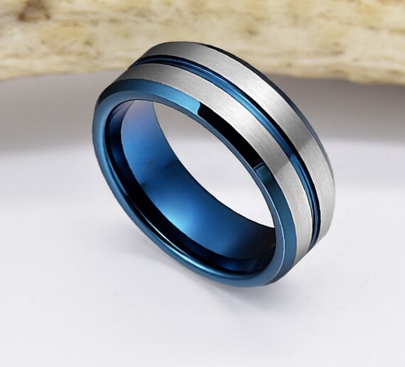 L-Ring 8MM Silver Men's Tungsten Carbide Wedding Ring Brushed Matte Grooved Center Polished Edges, Size 6-14(11
