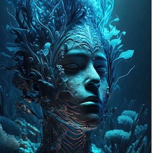 May include: A digital art print depicting a person's face with a blue and green underwater theme. The face is surrounded by coral and seaweed.