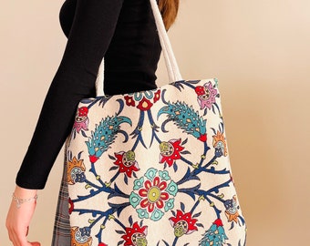 Turkish Anatolian Pattern, Tulip Design, Tapestry Fabric Tote Bag for Women, Shoulder Bag, Shopping Tote Bag, Gift For Her