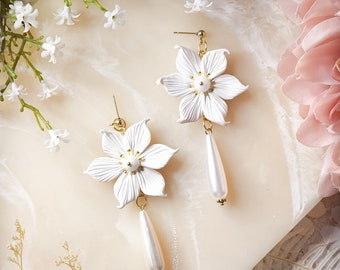 White Flower Dangles • Polymer Clay Earrings • Handmade Earrings