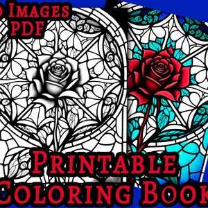 Op de afbeelding: Een printbaar kleurboek met 30 afbeeldingen van rozen in glas-in-lood. De omslag toont een zwart-witte roos met een blauwe achtergrond en een rode roos met een turquoise achtergrond.