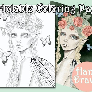 Printable Coloring Sheet for Adults | Beautiful Faerie Coloring Page | Hand Drawn | Instant Download PDF and JPEG | Adelina