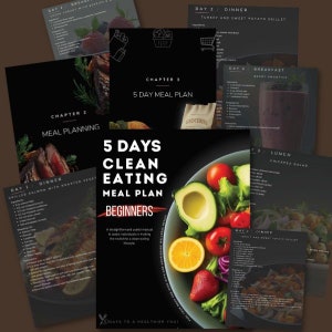 Könnte beinhalten: Ein 5-Tage-Plan für gesunde Ernährung für Anfänger. Das Cover zeigt eine Schüssel mit frischem Obst und Gemüse, darunter Erdbeeren, Orangen, Tomaten und Avocado. Der Titel "5 Days Clean Eating Meal Plan" ist in weißer Schrift auf schwarzem Hintergrund geschrieben.