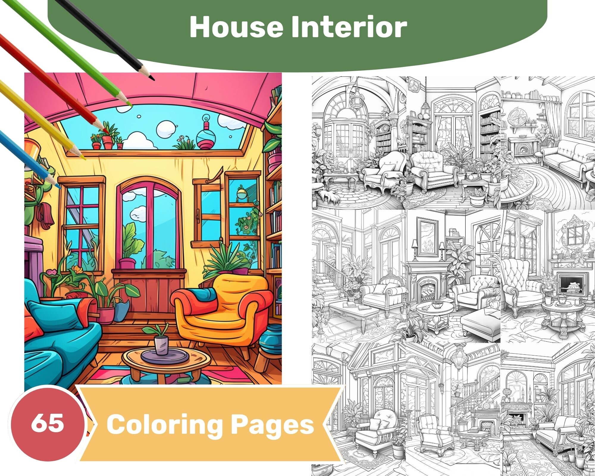 65 JPG house Interior Coloring Page for Adults - Etsy