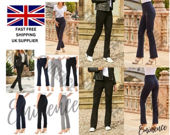 Womens Bootleg Trousers Ladies Bootcut Stretch Finely Ribbed Pants Elasticated Pull On Work Bottoms Size 8-26 FREE P&P