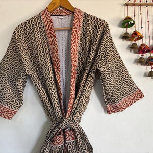 Bagru Handmade Kantha Kimono, Quilted Long Kantha Kimono For Bridal Party, Women House Robe, Indian Cotton Winter Bathrobe Cover Up Gown