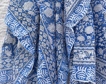 Floral Block Print Cotton Pareo: Blue Beach Cover Up Scarf