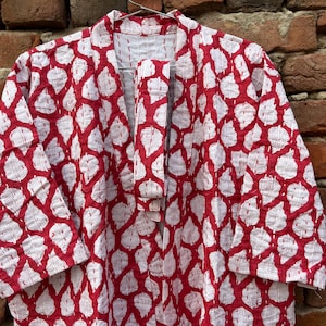 Floral Block Printed Cotton Kantha Kimono Robe: Quilted Short Coat
