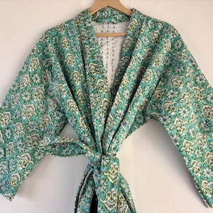 Flower Block Printed Kantha Kimono, Unisex Wear Dress Jacket Long Coat, Night Wear Dress Kimono, Cotton Quilt Fabric Stitched Kantha Kimono