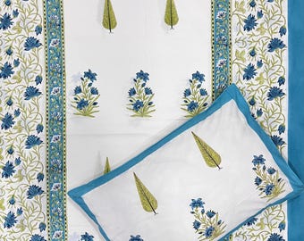 Cotton Floral Block Print Queen Bedsheet Set: Jaipuri Bed Cover
