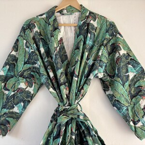 Green Banana Print Bathrobe Kimono, Men & Women Party Wear Vintage Kimono, Night Wear Dress Kimono, Cotton Quilt Fabric Stitch Kantha Kimono