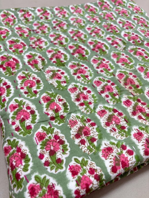 Handmade Floral Block Print Kantha Quilt: Green Cotton Bedspread