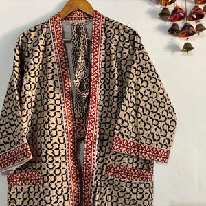 Quilted Long Kantha Kimono For Bridal Party, Bagru Handmade Kantha Kimono, Women House Robe, Indian Cotton Winter Bathrobe Cover Up Gown