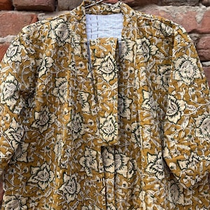 Floral Block Printed Kantha Kimono: Quilted Cotton Robe