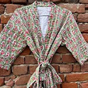 Hand Block Printed Kantha Kimono: Quilted Cotton Robe