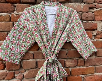 Hand Block Printed Kantha Kimono: Quilted Cotton Robe