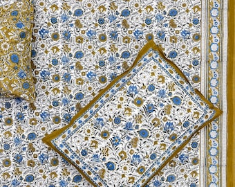 Floral Block Print Cotton Bedsheet Set: Queen Size Bed Cover with Pillow Covers