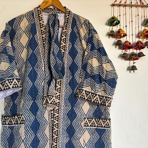 Bagru Handmade Kantha Kimono, Quilted Long Kantha Kimono For Bridal Party, Women House Robe, Indian Cotton Winter Bathrobe Cover Up Gown