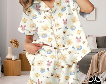 Winnie The Pooh Pajama Set, Disney Bear PJs Cute, Pooh Piglet Sleepwear Women, Button Up Pajamas Gift