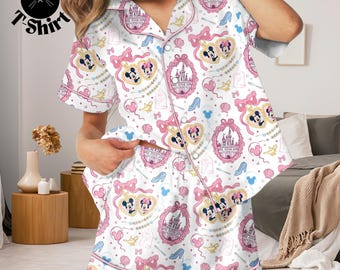 Disney Mickey Mouse And Minnie Mouse Pajama, Cute Princess Icon Sleepwear for Women – Fairytale Print Short Sleeve Lounge Set