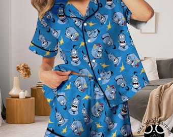 Aladdin Inspired Pajama Set Magic Carpet Genie PJs Cartoon Sleepwear Women Button Up Pajamas Disneyland Style Gift