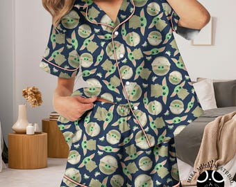 Grogu Pajama Set, Baby Yoda Cute Shorts PJs, Women’s Button Up Sleepwear, Mandalorian Kawaii Lounge Set Gift