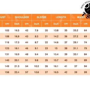 May include: An orange and white size chart for a T-shirt and shorts set, with measurements in inches and centimeters. The chart includes sizes S to 5XL, with bust, shoulder, sleeve, and waist measurements. A diagram illustrates the measurement points.