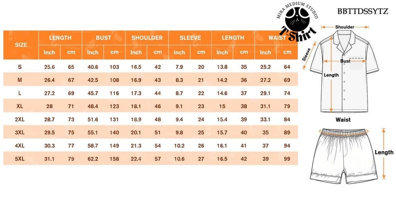 May include: An orange and white size chart for a T-shirt and shorts set, with measurements in inches and centimeters. The chart includes sizes S to 5XL, with bust, shoulder, sleeve, and waist measurements. A diagram illustrates the measurement points.