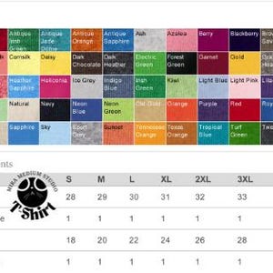 Peut inclure: Nuancier de couleurs de tissus, avec des teintes comme le noir, le bleu marine et le rouge. Des mesures de t-shirts sont affich&eacute;es, avec une longueur de corps de 71 &agrave; 89 cm et une largeur de corps de 46 &agrave; 81 cm.