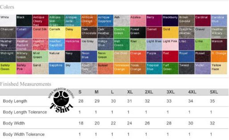 Peut inclure: Nuancier de couleurs de tissus, avec des teintes comme le noir, le bleu marine et le rouge. Des mesures de t-shirts sont affich&eacute;es, avec une longueur de corps de 71 &agrave; 89 cm et une largeur de corps de 46 &agrave; 81 cm.