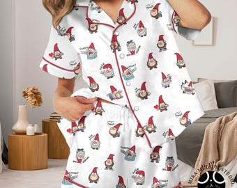 Gravity Falls Gnome Pajama Set, Cartoon Gnome PJs, Funny Sleepwear, Women Button Up Pajamas, Cozy Lounge Set Gift