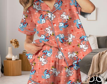 Blue Cat Cartoon Pajama Set, Cute Couple Cat PJ,s Funny Animated Sleepwear Women, Button Up Pajamas Cozy Lounge Gift
