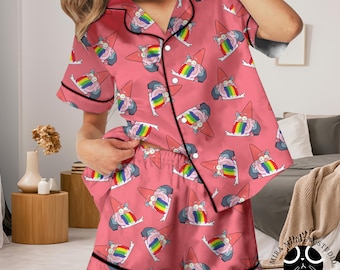 Rainbow Gnome Pajama Set, Funny Cartoon PJs, Colorful Sleepwear, Women Button Up Pajamas, Cute Cozy Lounge Set Gift