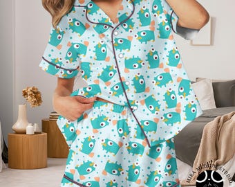 Perry the Platypus Pajamas – Cute Agent P Satin Sleep Set, Women’s Cartoon Loungewear, Phineas and Ferb Gift, Summer Shorts PJs