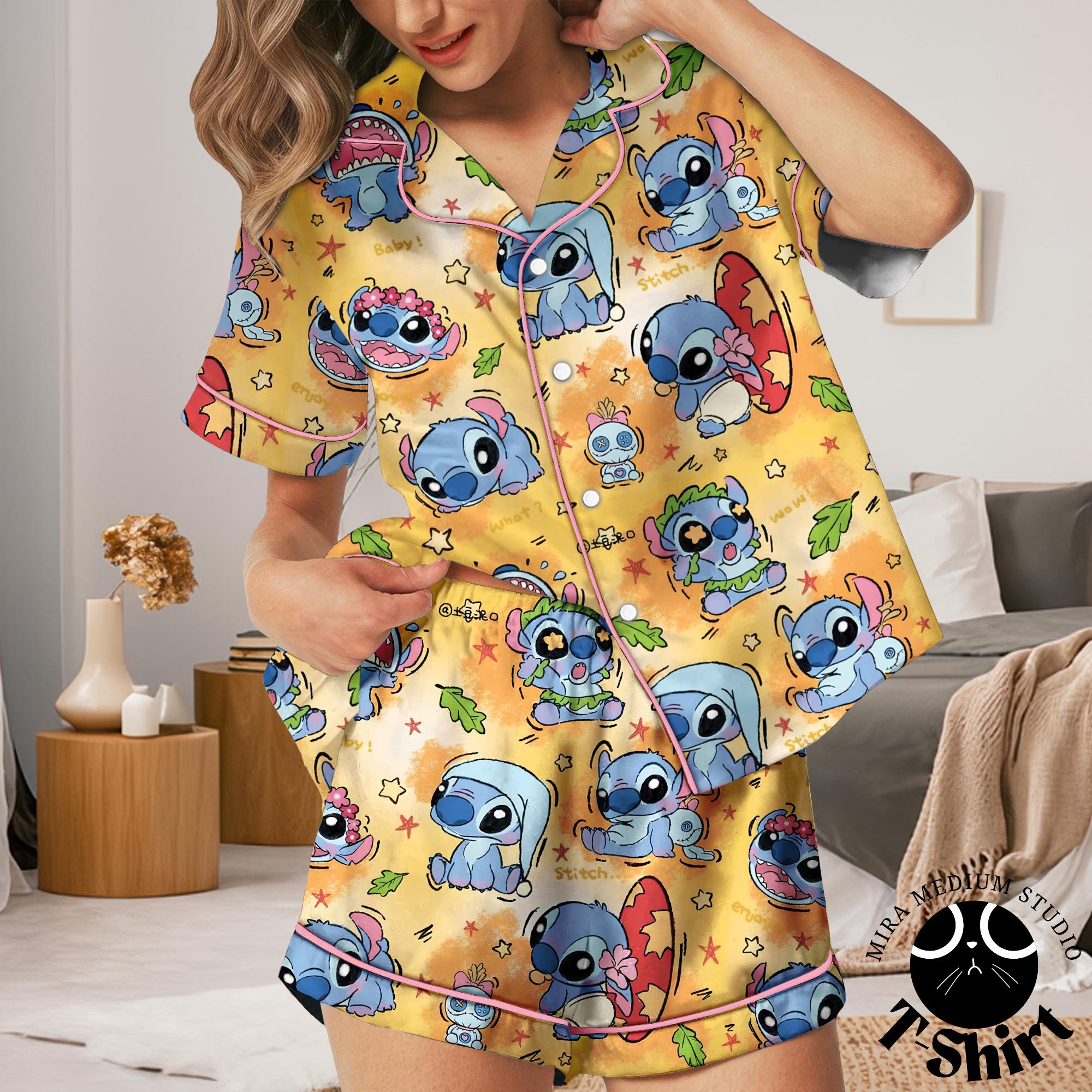 Discover Stitchh Hawaiian Pajamas Set Women, Cute Stitch Summer PJ Shorts Set, Tropical Cartoon Sleepwear, Stitchh Pajamas, Gift for Disney