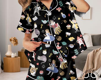 Alice in Wonderland Pajama Set, Wonderland Sleepwear, Storybook Pajamas, Whimsical Tea Party PJs, Fantasy Lounge Set, Book Lover Gift