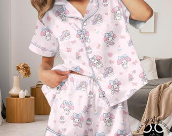 Melody Pajamas, My Melody Pajama Set, Kawaii Bunny Sleepwear, Cute Cartoon Pajamas, Pastel Anime Lounge Set, Cozy Cute PJs