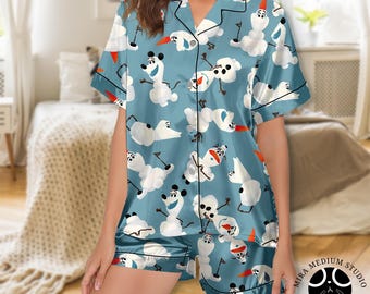 Olaf Frozen Pajama Set, Disney Snowman PJs, Cute Winter Sleepwear, Women Button Up Pajamas, Cozy Lounge Gift