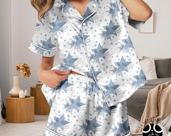 Freya Skye Silent Treatment Pajama Set, Star Print Satin PJ Shorts Set, Button Up Sleepwear, Cute Fan Gift Lounge Set Women