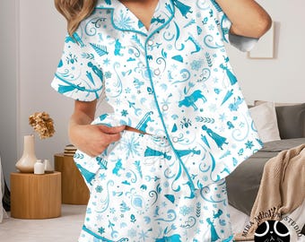 Frozen Pajamas Set, Frozen Pajama Set Elsa Anna Disney PJs, Snowflake Sleepwear Women, Long Sleeve Pajamas Winter Cozy Gift