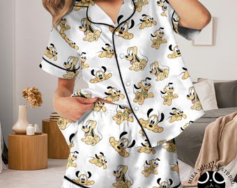 Pluto Mickey Mouse Pajama Set, Disney Dog PJs Cute Cartoon Sleepwear, Women Button Up Pajamas Disneyland Gift