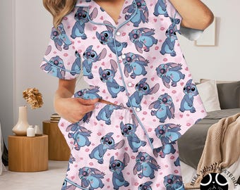 Blue Monster Valentine Pajama Set Long Pants, Cute Blue Alien Heart Sleepwear, Women’s Button Up PJs, Kawaii Cartoon Lounge Set Gift