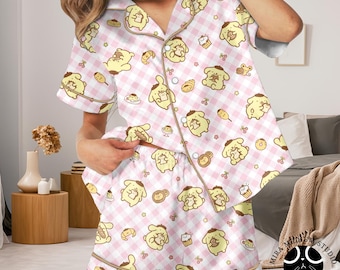 Pompompurin Pajama Set, Kawaii Golden Puppy Sleepwear, Cute Cartoon Pajamas, Anime Style Lounge Set, Cozy Cute PJs