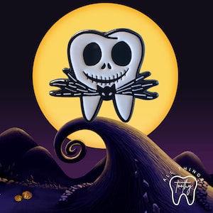 Dental themed Jack Skellington tooth shaped enamel pin. Showcase this unique pin for your love for all things dental and Halloween.