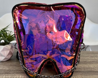 Clear Pink iridescent Mini Tooth Backpack/Purse – Dental fashion with black Trim with metal chain.