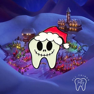 Dental themed Jack Skellington Christmas tooth shaped enamel pin. Showcase this unique pin for your love for all things dental.