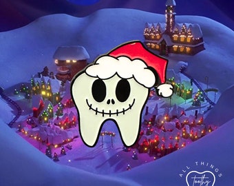 Dental themed Jack Skellington Christmas tooth shaped enamel pin. Showcase this unique pin for your love for all things dental.