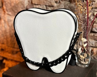 Dental Tooth Mini Backpack – White with Black Trim, Novelty Purse